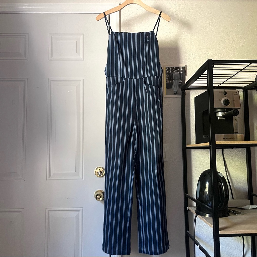 REFORMATION blue striped viscose tencel blend straight leg backless jumpsuit